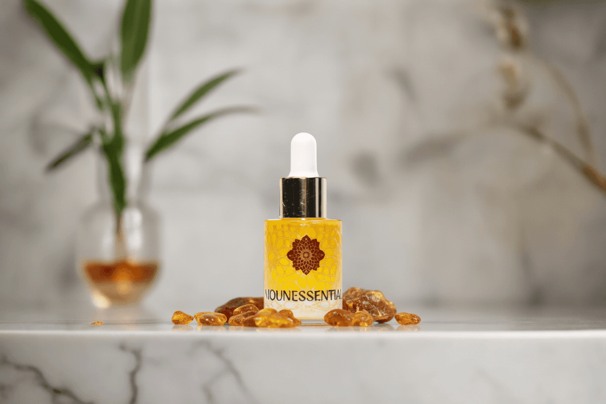 Natural Moroccan Amber Aromatic Oil 15 ml in a gold dropper bottle