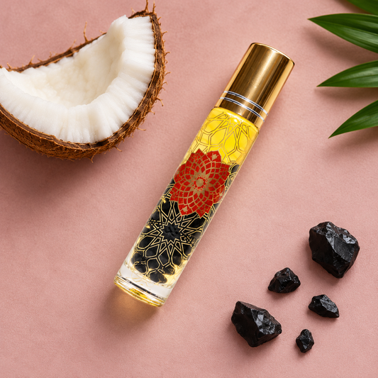 Coconut and Obsidian body roll-on flat lay with coconut and black stones