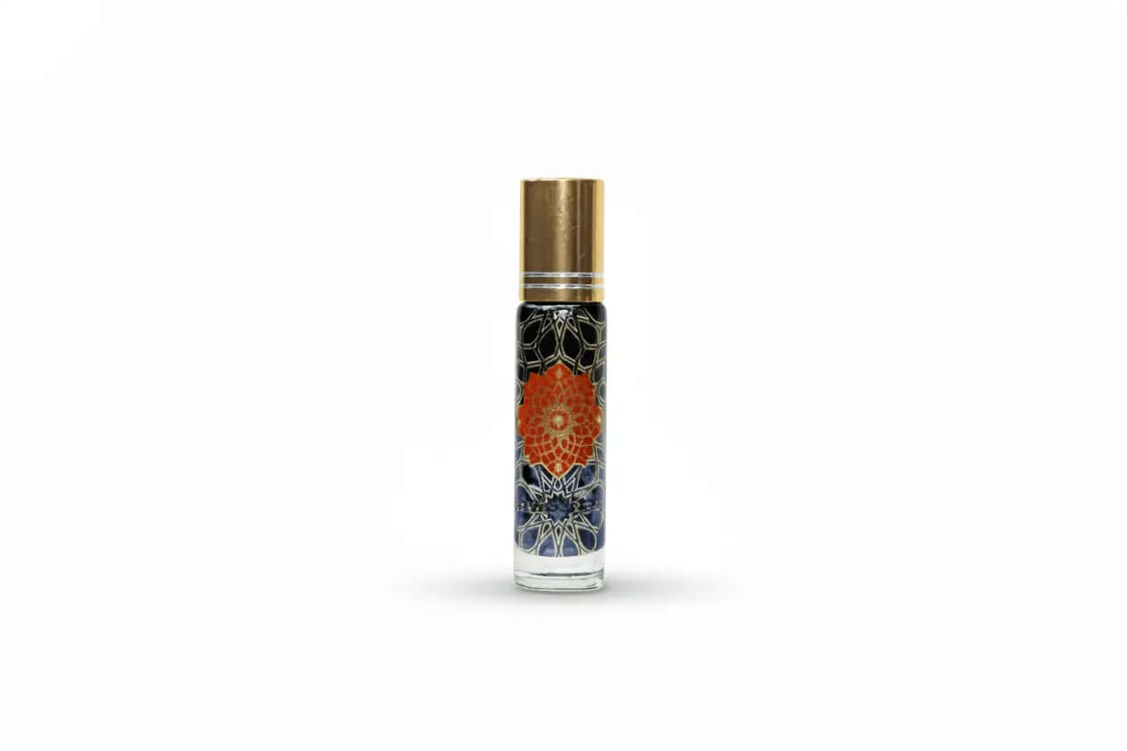 Blue Lotus & Lapis Lazuli Infusion roll-on perfume bottle with mandala design
