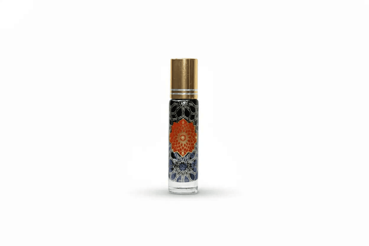 Blue Lotus & Lapis Lazuli Infusion roll-on perfume bottle with mandala design