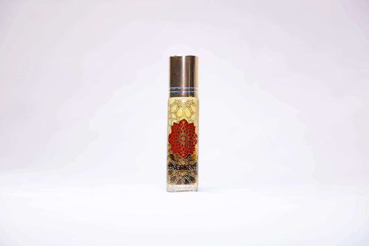 Sandalwood and Tiger Eye Infusion Roll-On perfume bottle with mandala design
