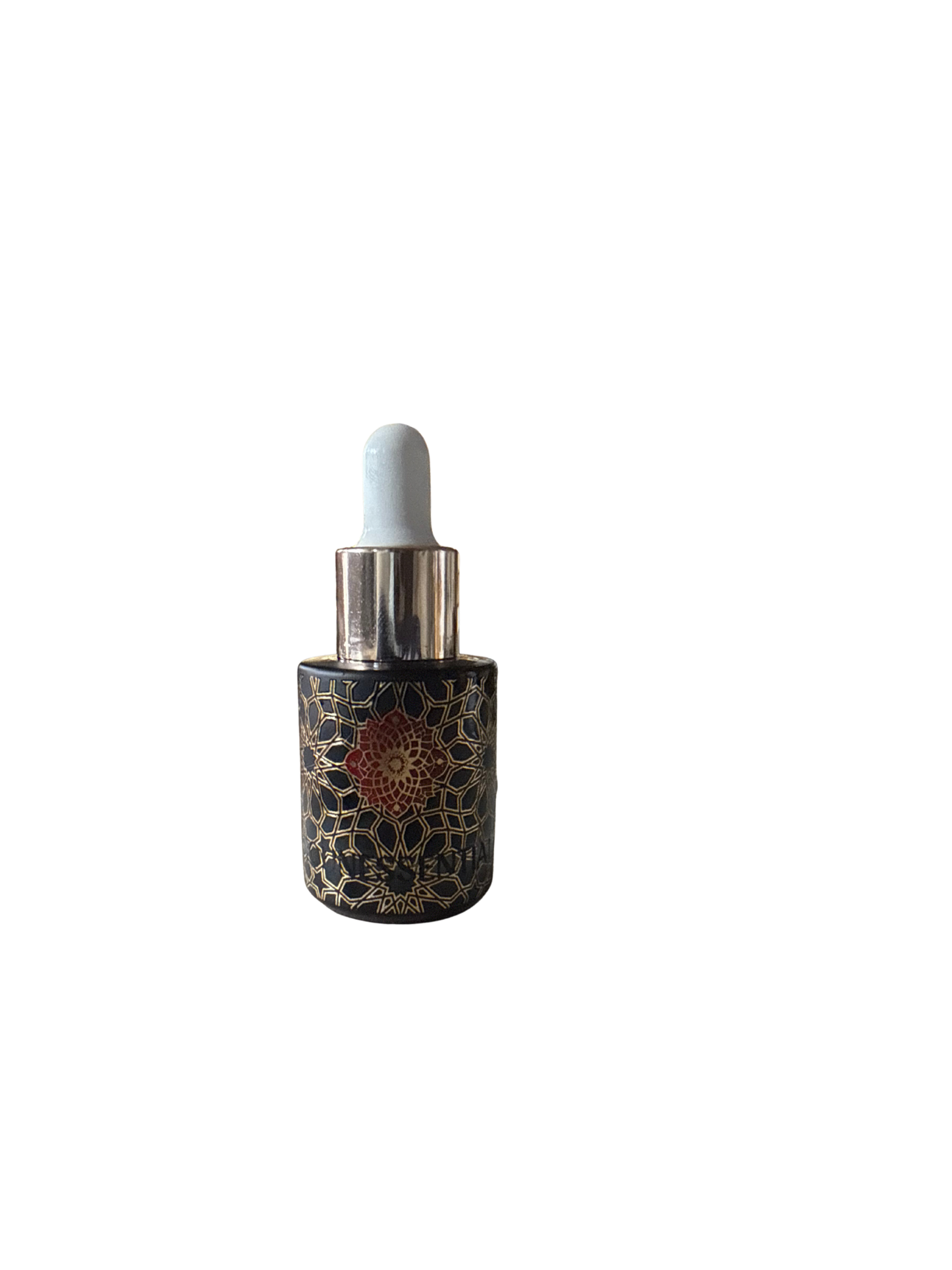 Blue Tansy Essential Oil 15ml in black glass dropper bottle with gold filigree and red floral design