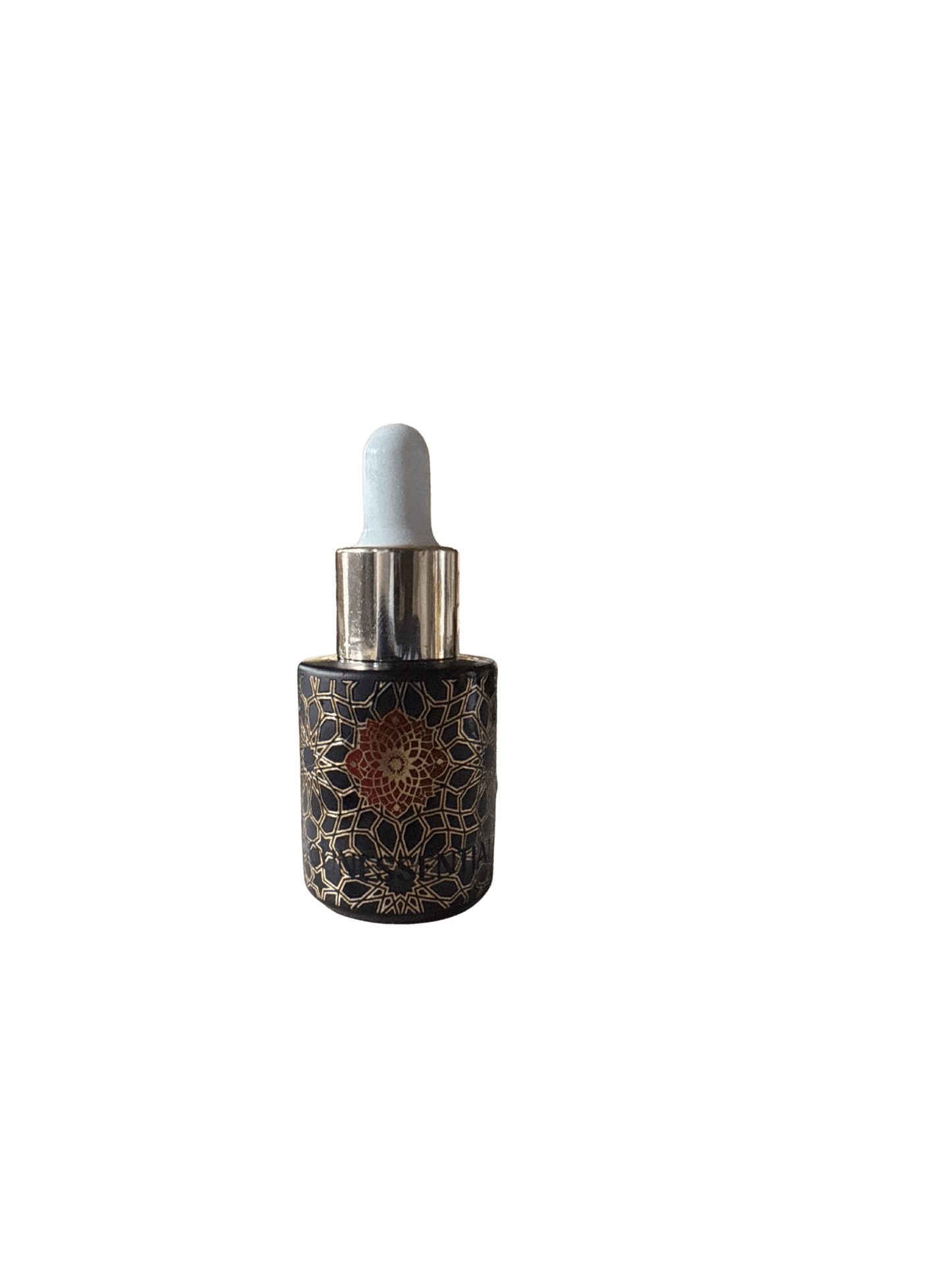 Blue Tansy Essential Oil 15ml in black glass dropper bottle with gold filigree and red floral design