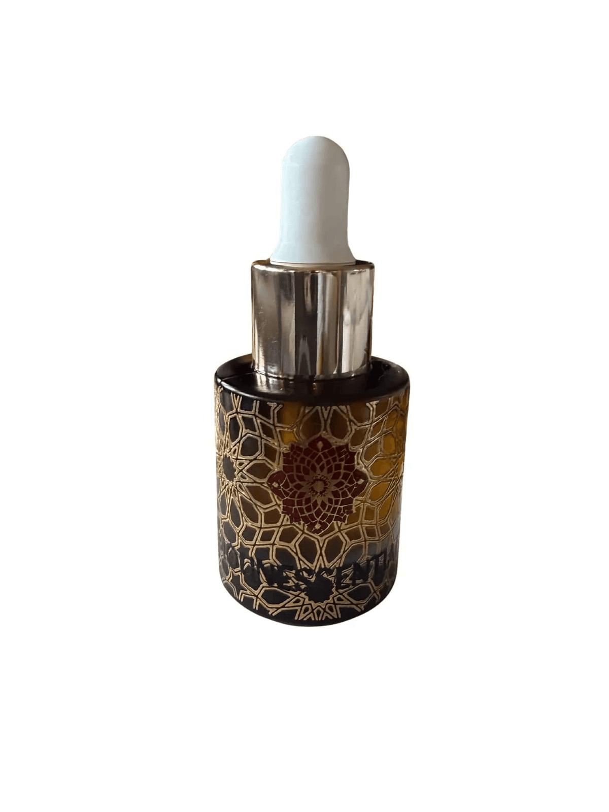 Pure Blue Lotus Essential Oil in decorative amber glass dropper bottle with gold maroon patterns