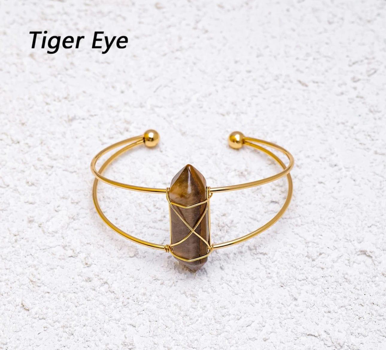 MounEssentials Natural crystal cuff bracelets Gold Plated Hexagon Column Shaped Natural Tiger Eye Cuff Bracelet