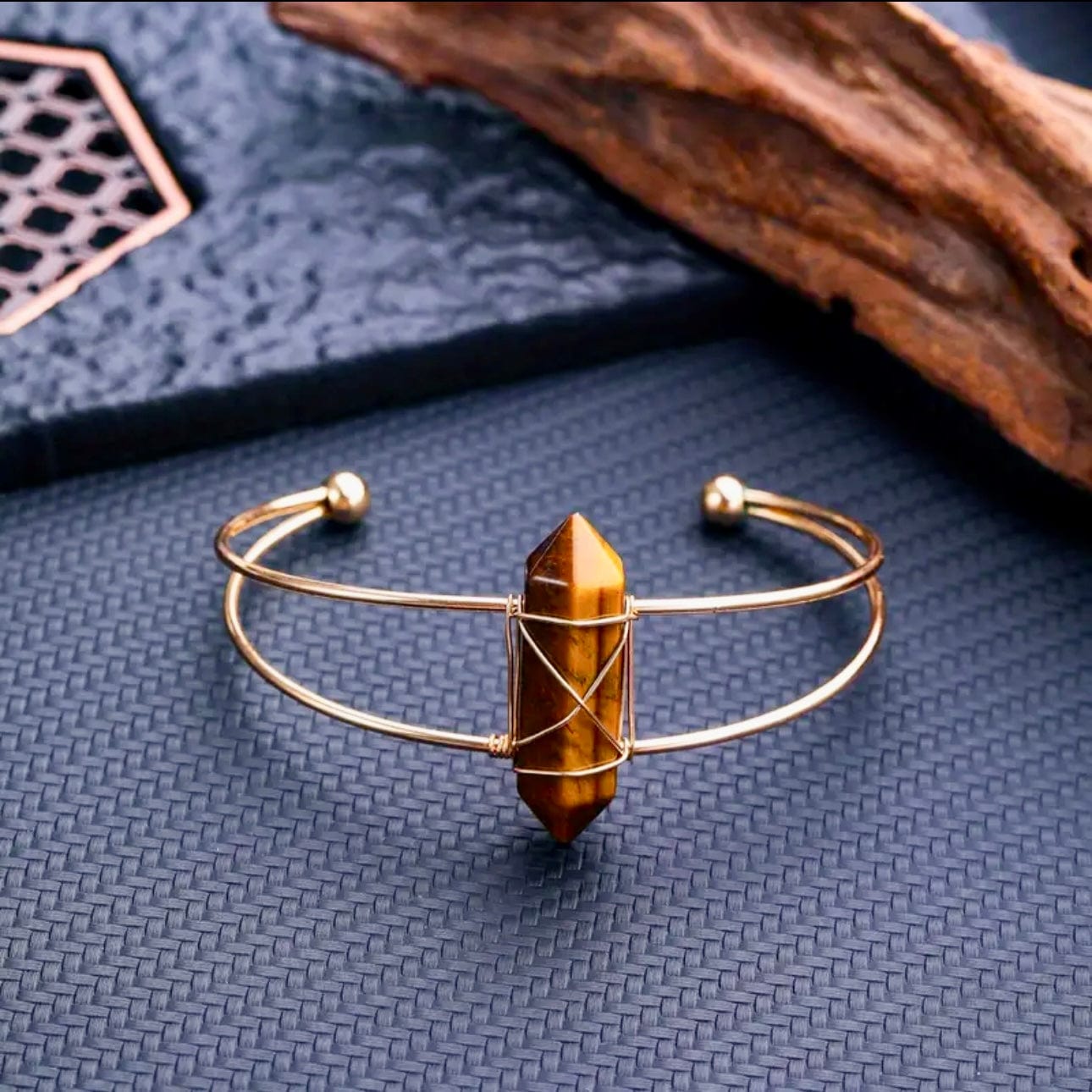 Gold Plated Hexagon Column Shaped Natural Tiger Eye Cuff Bracelet - MounEssentials