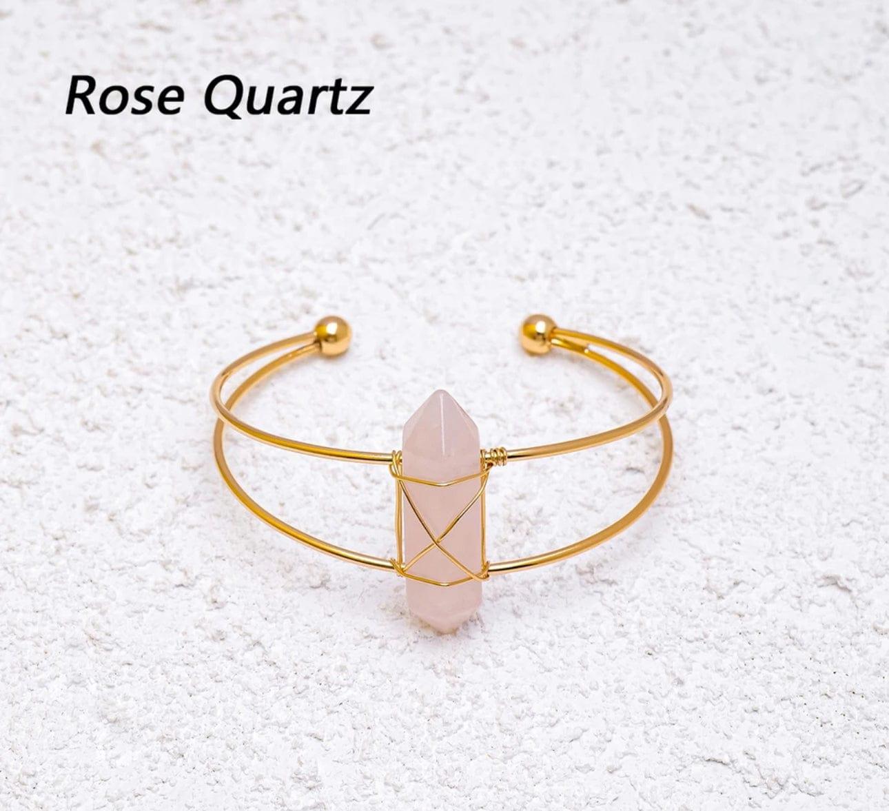 MounEssentials Natural crystal cuff bracelets Hexagon Column Shaped Natural Rose Quartz Cuff Bracelet