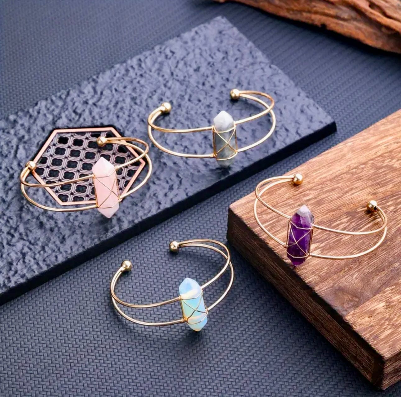 Hexagon Column Shaped Natural Rose Quartz Cuff Bracelet - MounEssentials