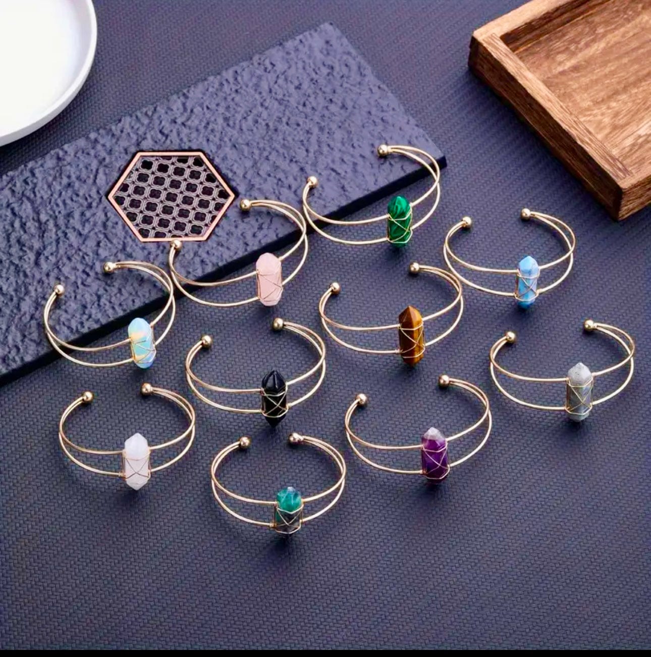 Hexagon Column Shaped Natural Rose Quartz Cuff Bracelet - MounEssentials