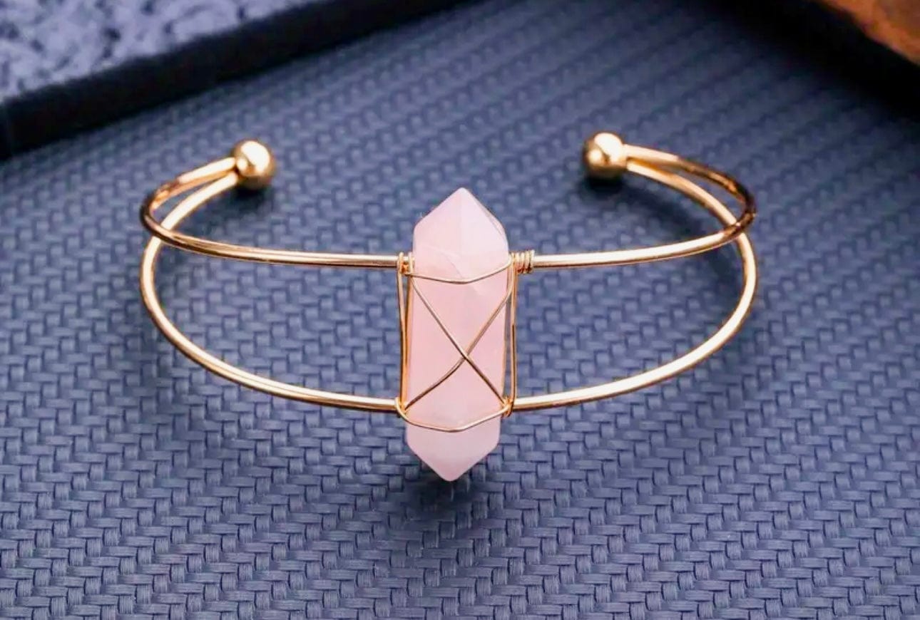 Hexagon Column Shaped Natural Rose Quartz Cuff Bracelet - MounEssentials