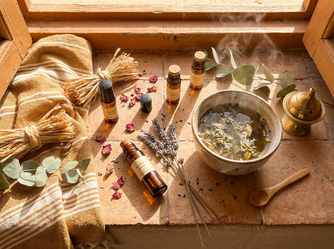 Amber essential oil roll-on bottles and dried botanicals arranged on a sun-lit Moroccan terracotta windowsill during a peaceful morning ritual.