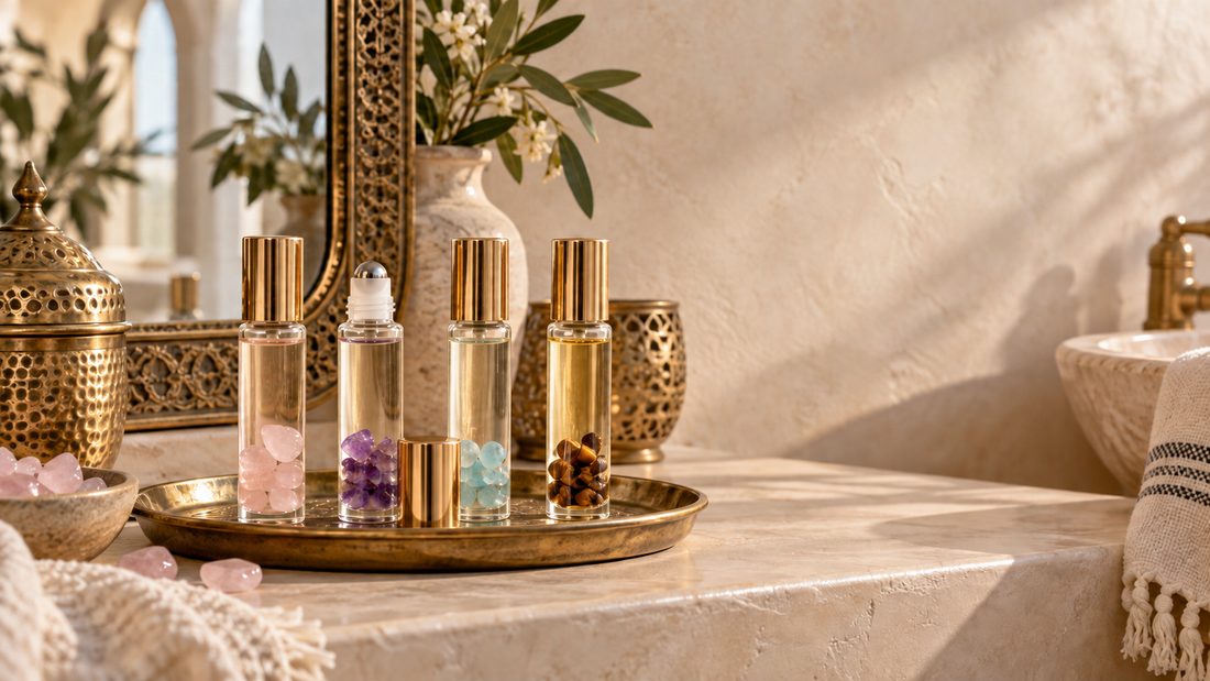 Four crystal-infused roller bottles on a brass tray, with one cap removed to show the metal rollerball