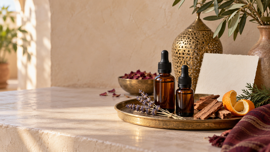 Unlabeled amber essential oil bottles with Moroccan brass and botanical ingredients