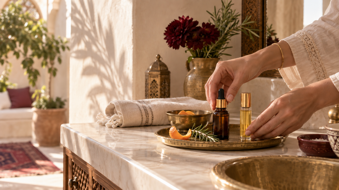 Two hands arranging an amber dropper bottle and a capped roll-on on a Moroccan brass tray