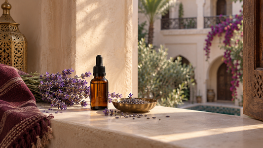 Amber dropper bottle with lavender in a sunlit Moroccan riad