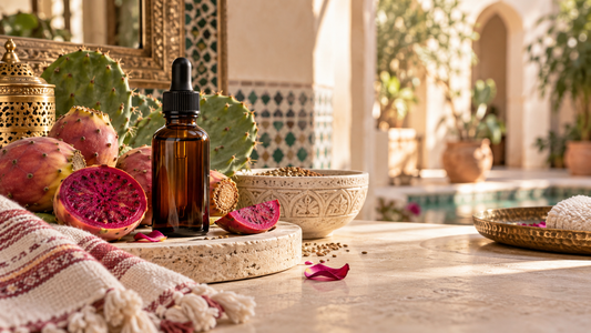 Amber dropper bottle with prickly pear fruit in a Moroccan spa setting