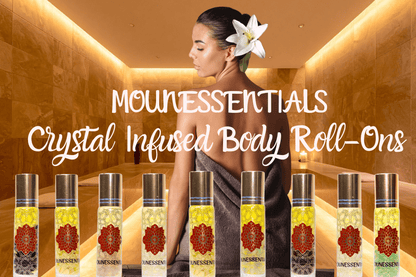 Woman in a spa setting with MOUNESSENTIALS Crystal Infused Body Roll-Ons displayed.