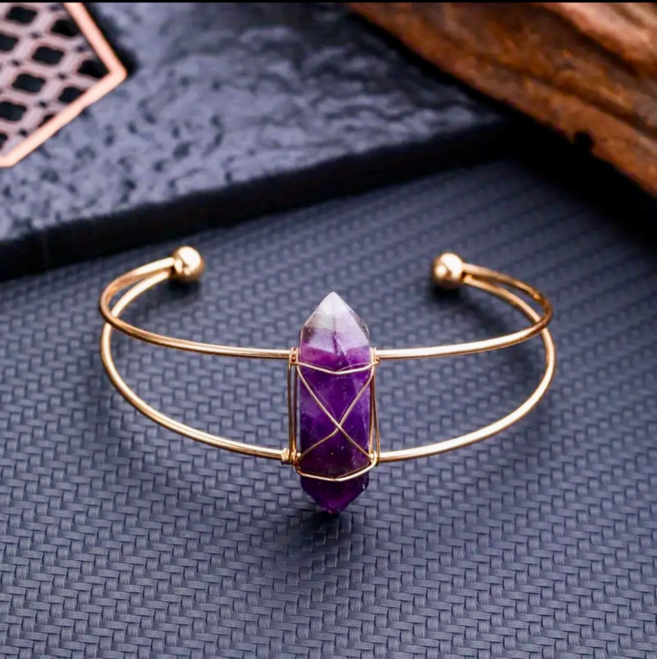 Gold Plated Hexagon Column Shaped Natural Amethyst Cuff Bracelet