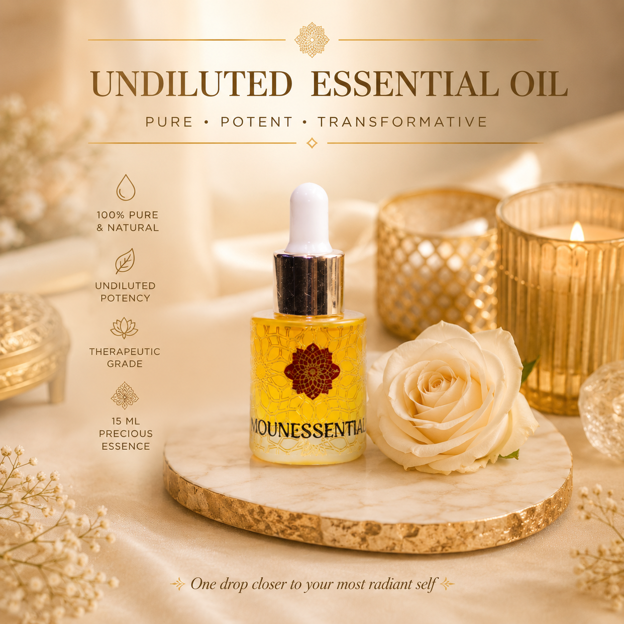 Essential oil dropper bottle with a rose on a decorative surface, featuring the brand 'Mounessential'.