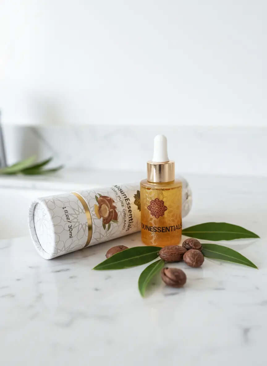 100% Pure Moroccan Argan Oil in golden glass dropper bottle, 30ml