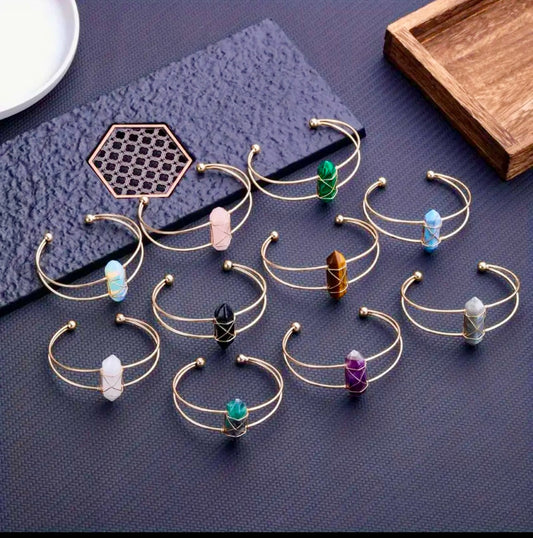 Gold Plated Hexagon Column Shaped Natural Amethyst Cuff Bracelet - MounEssentials