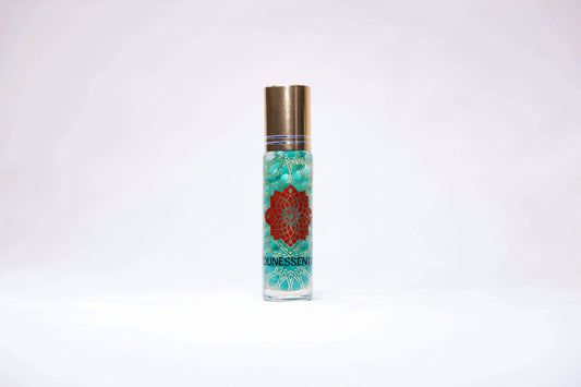 Clear glass roll-on perfume bottle with gold cap, Helichrysum and turquoise infusion body roll on
