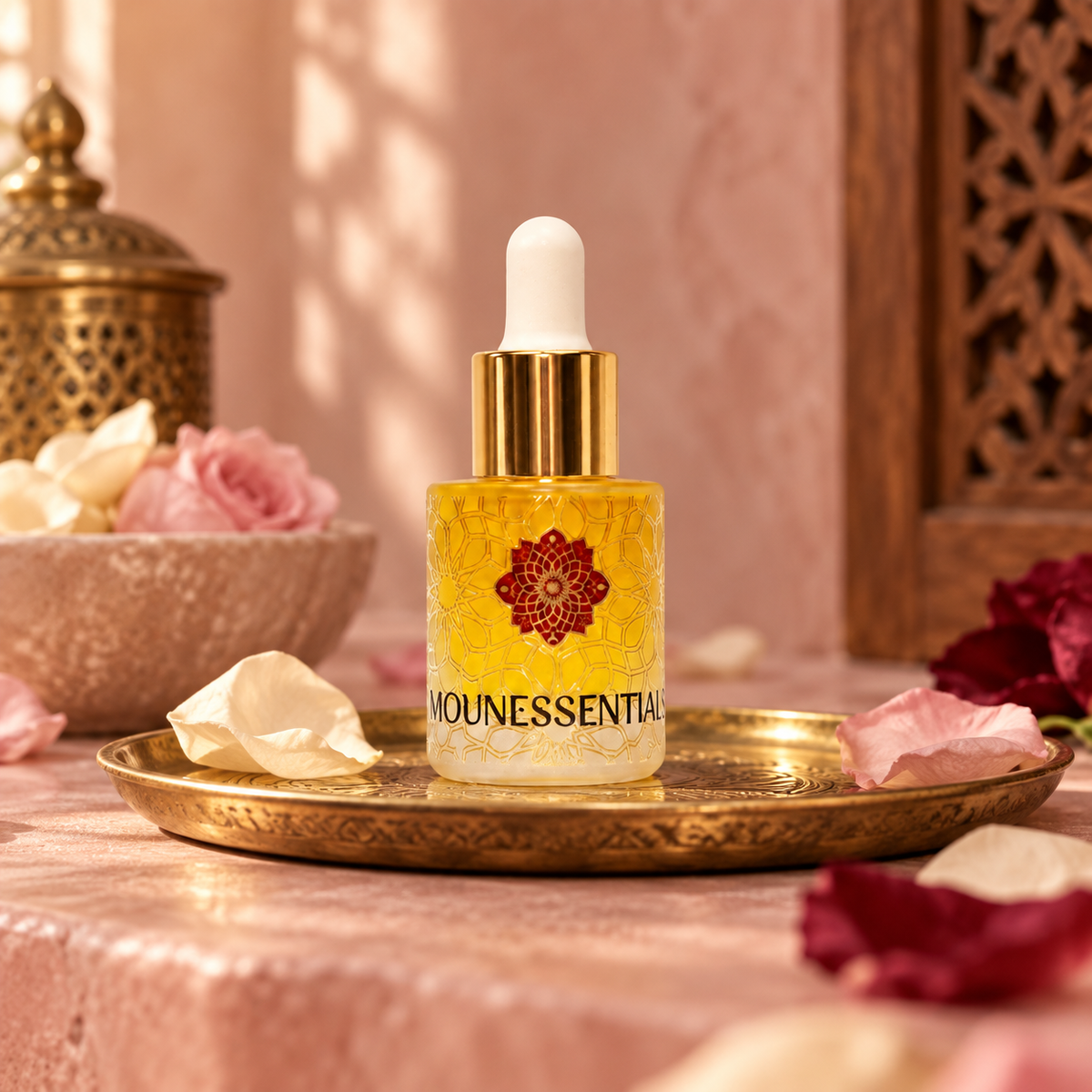 Pure Ylang Ylang Essential Oil 15ml styled in a realistic floral Moroccan-inspired vanity