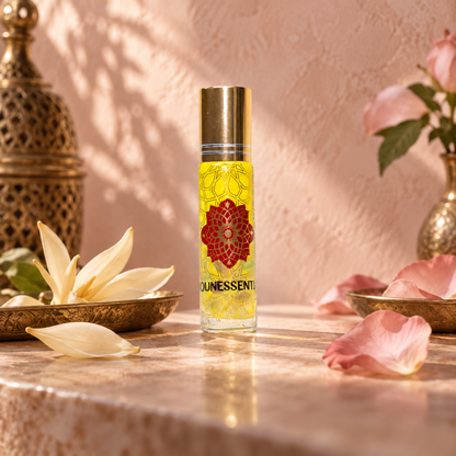 White Musk and Strawberry Quartz Infusion Body Roll-On styled in a realistic soft floral Moroccan-inspired vanity