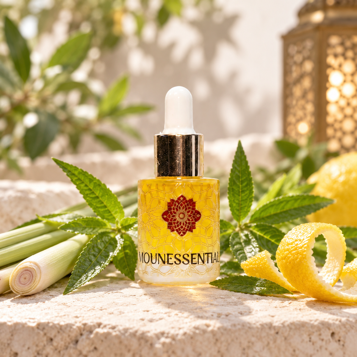 Lemon Verbena Concentrated Aromatic Oil 15ml styled in a realistic fresh botanical Moroccan-inspired setting