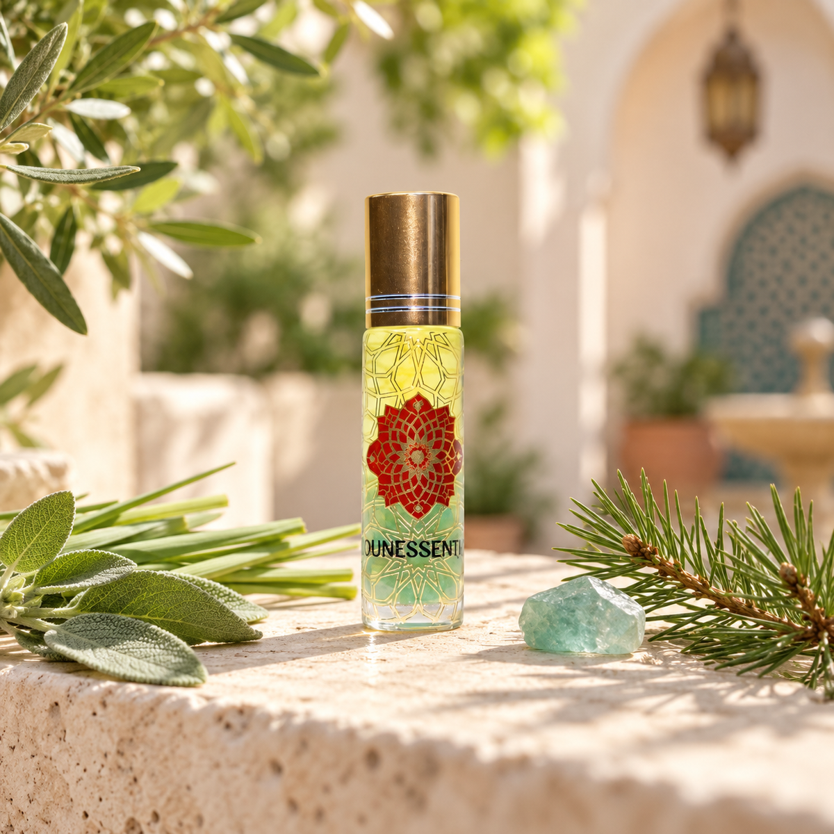 Sage and Aquamarine Infusion Body Roll-On styled in a realistic fresh herbal Moroccan-inspired setting