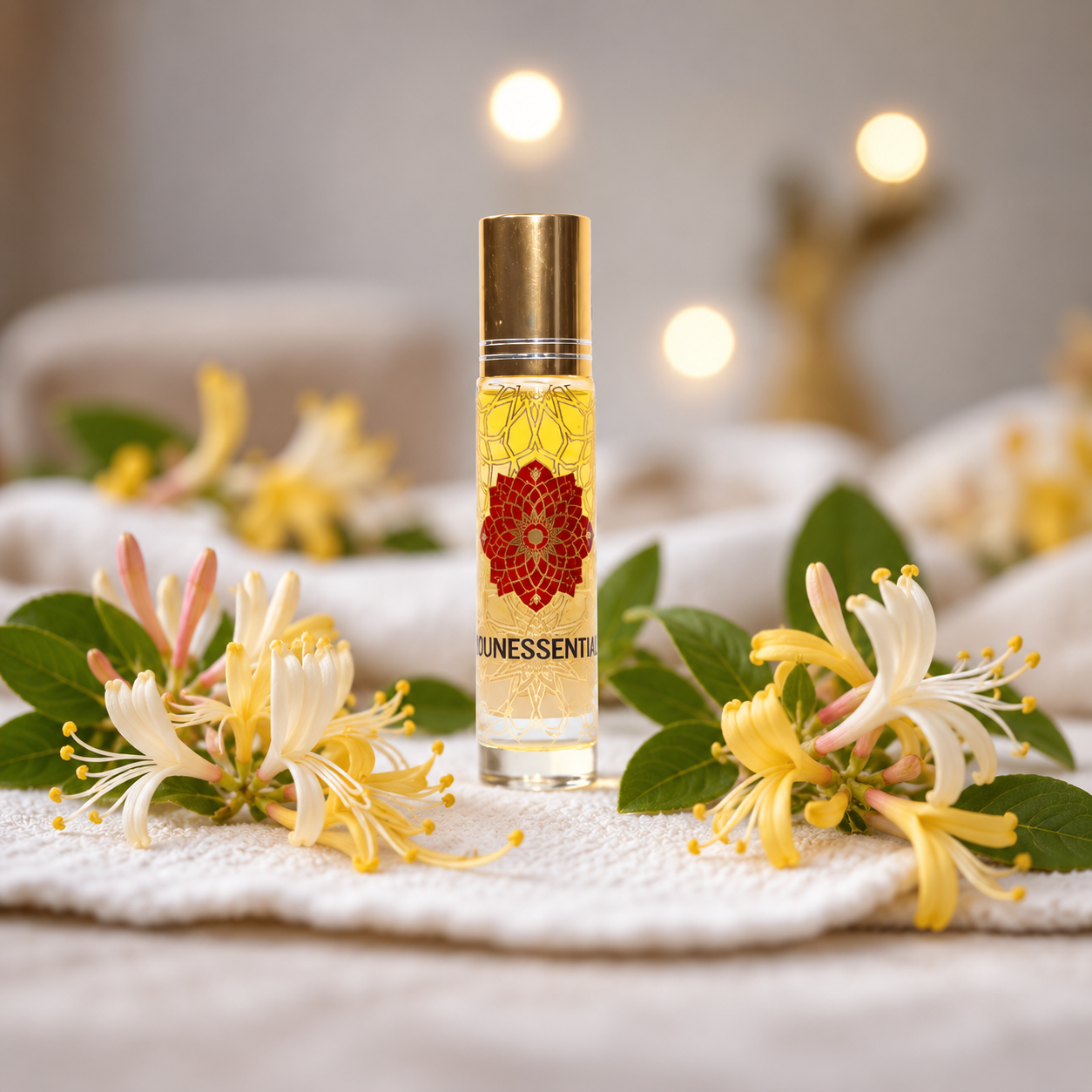 MounEssentials Honeysuckle Body Roll-On 10 ml with fresh honeysuckle blossoms