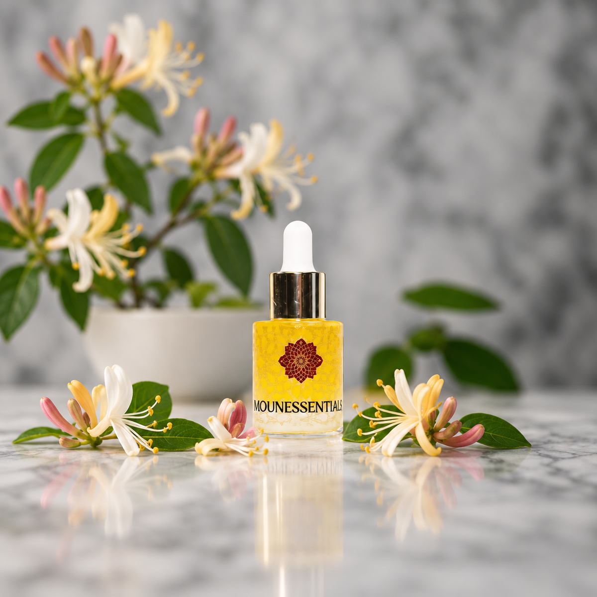 MounEssentials Honeysuckle Concentrated Aromatic Oil 15 ml dropper with fresh honeysuckle blossoms