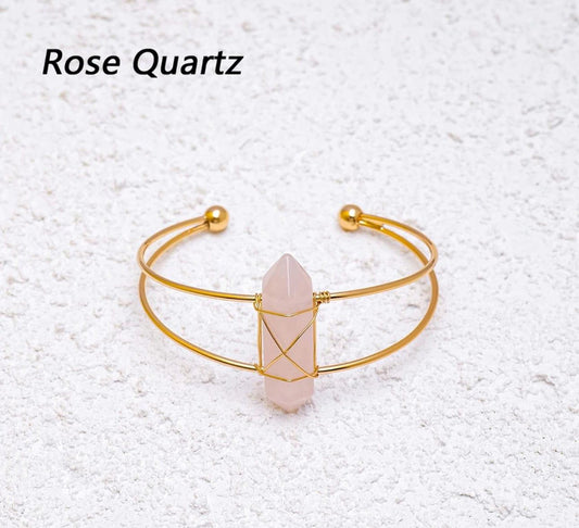 MounEssentials Natural crystal cuff bracelets Hexagon Column Shaped Natural Rose Quartz Cuff Bracelet