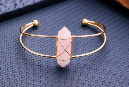 Hexagon Column Shaped Natural Rose Quartz Cuff Bracelet - MounEssentials
