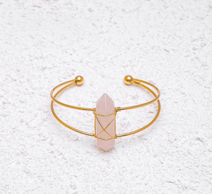 MounEssentials Natural crystal cuff bracelets Hexagon Column Shaped Natural Rose Quartz Cuff Bracelet