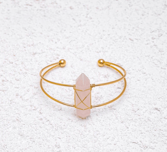 MounEssentials Natural crystal cuff bracelets Hexagon Column Shaped Natural Rose Quartz Cuff Bracelet