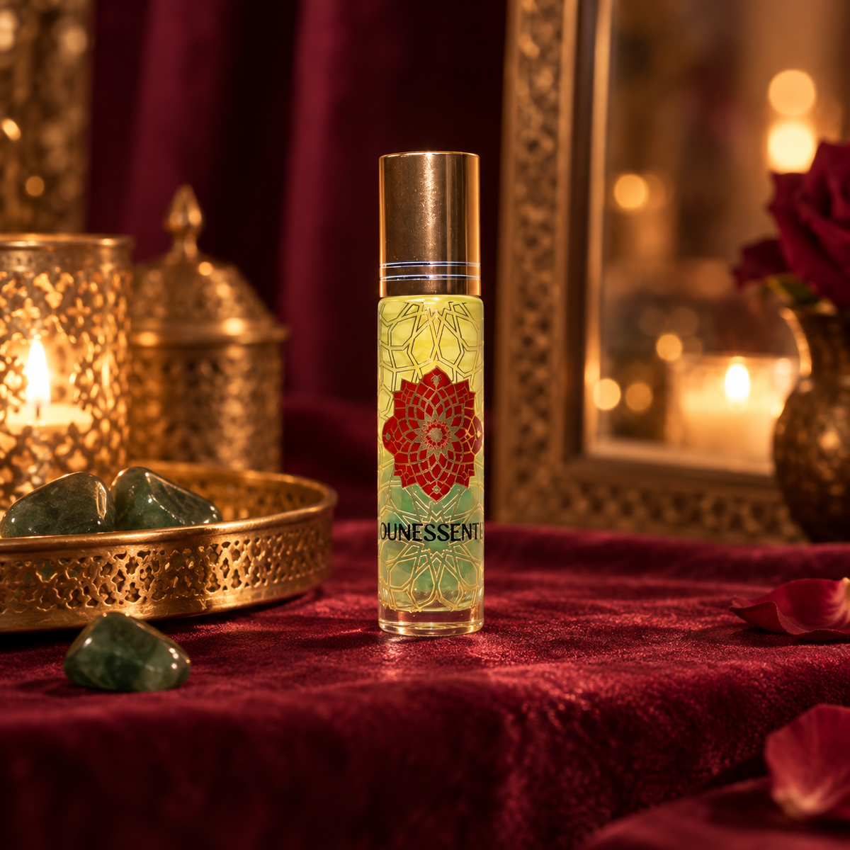 Vanilla Musk and Emerald Infusion Body Roll-On styled in a realistic burgundy Moroccan-inspired vanity