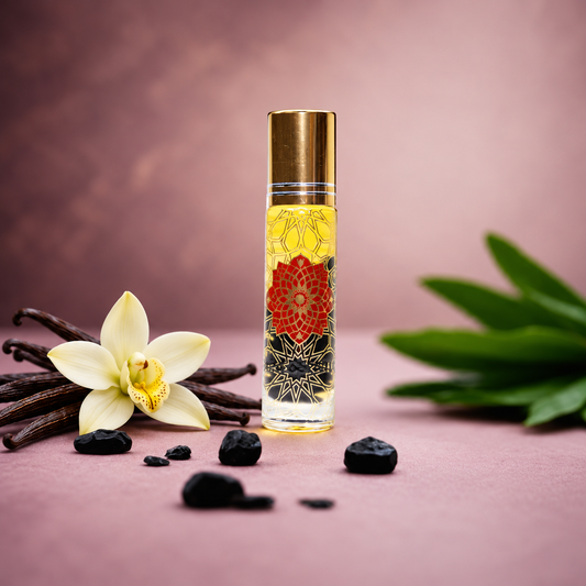 Vanilla and Black Obsidian body roll-on with vanilla pods and a vanilla orchid